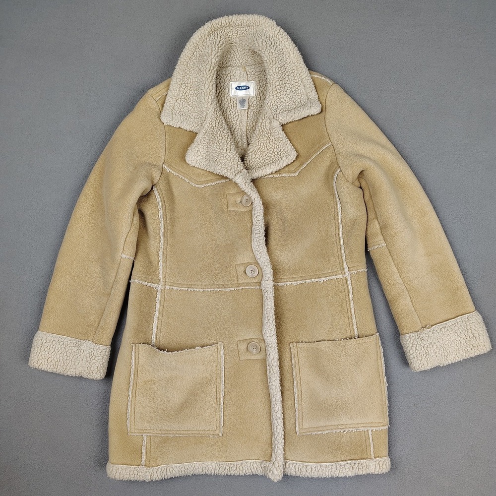 Vintage Old Navy Faux Shearling Coat Women Large Tan Sherpa Lined Long Jacket